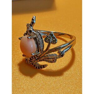 Italian Sterling Silver 925 Women's Size 8 Ring Pink Opal & Green/Red Rhinestone